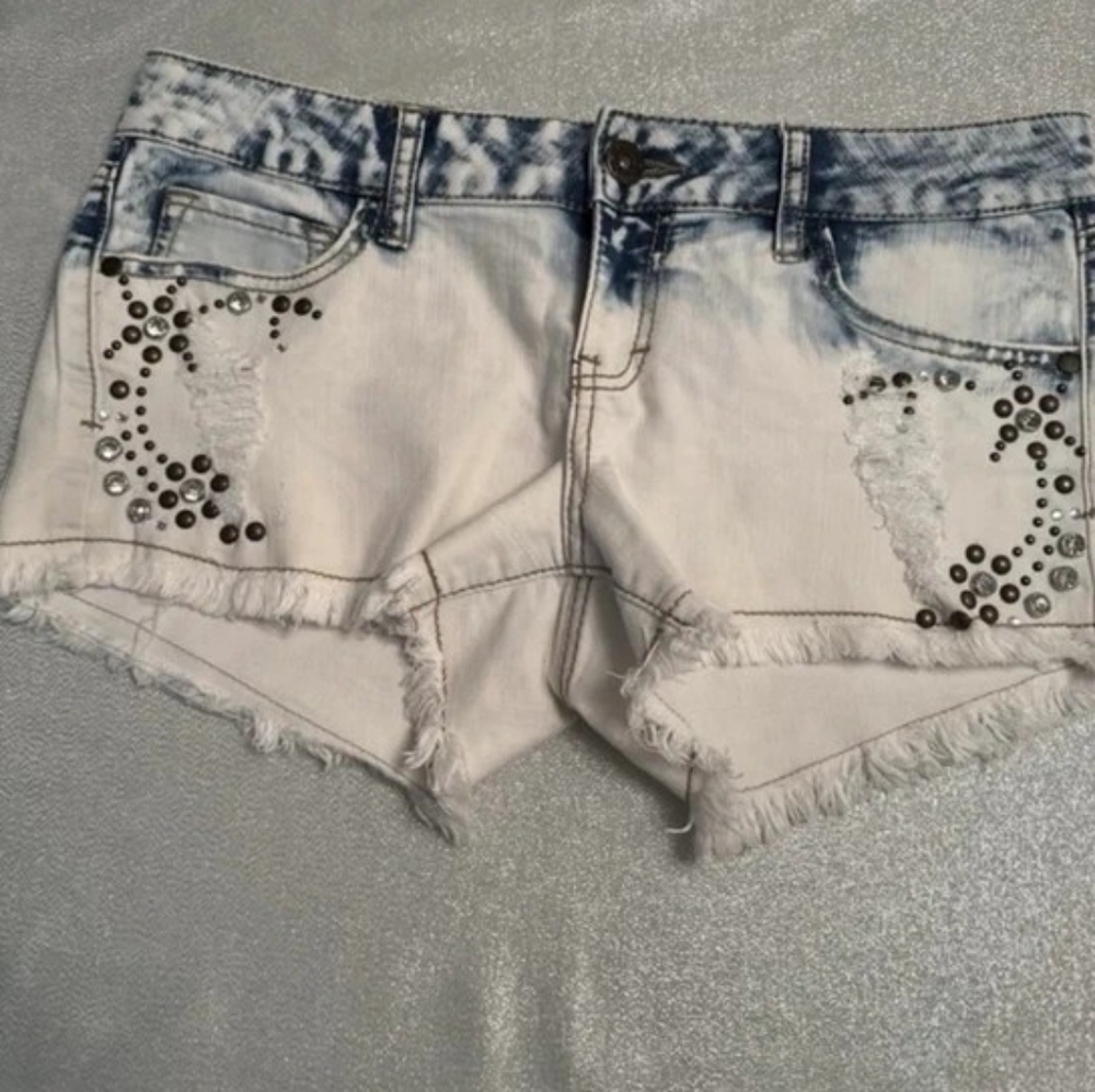 L'Amour White and Blue Jean Shorts with Studs